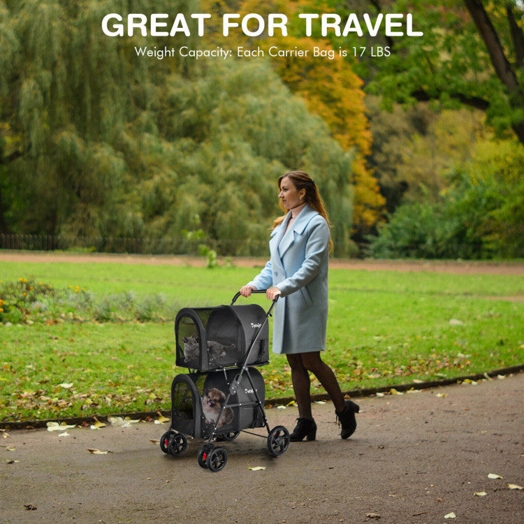 4-in-1 Double Pet Stroller with Detachable Carrier and Travel Carriage